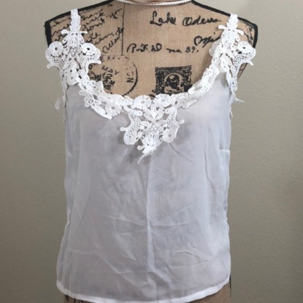 Vintage White Sheer Tank Top with Floral 3/$30